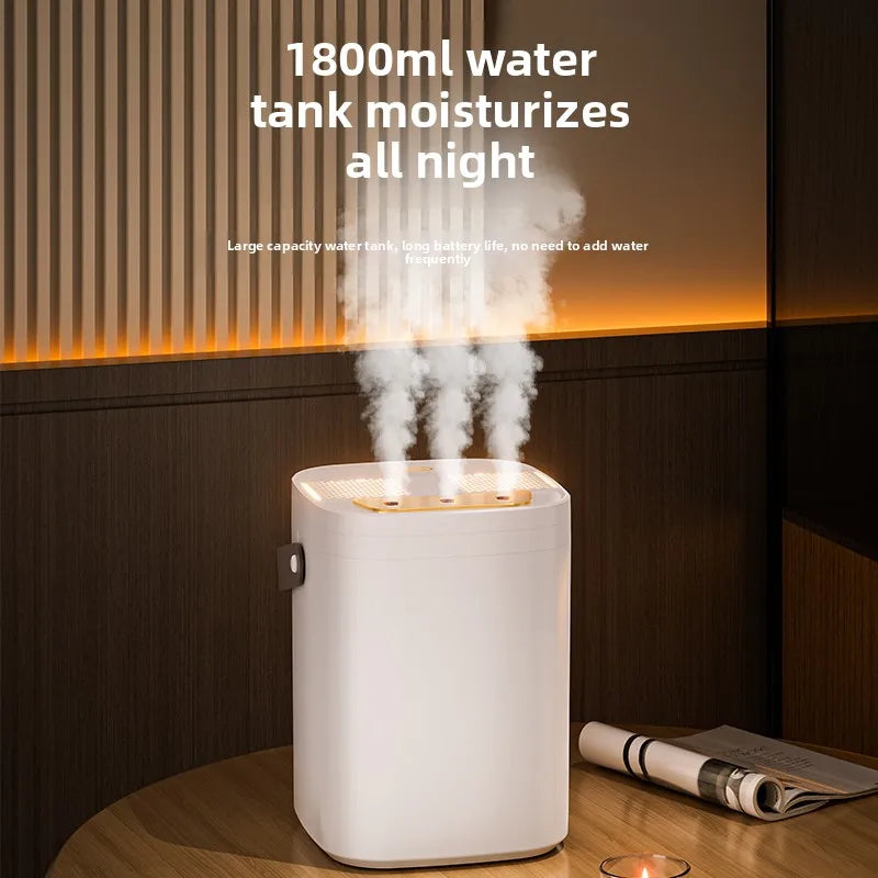 Three-Nozzle Night Light Humidifier 1.8L – USB Silent Aroma Diffuser, Dual Filter, Auto Shut-Off, Timer – for Bedroom, Office, or Car